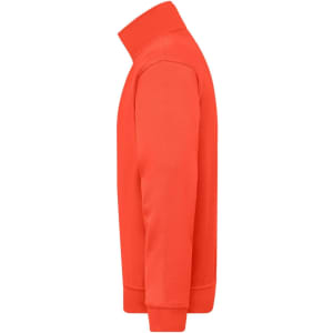 A bright orange half zip sweat jumper with a high collar and ribbed cuffs, featuring a logo on the front.
