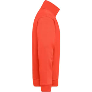 A vibrant orange half zip sweat jumper featuring a high collar and a plain design. It has a logo on the fabric.