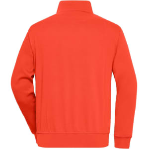 A red half zip sweat jumper with a simple design and a logo on the back.