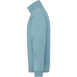A light blue half-zip sweat jumper with a high collar and long sleeves, featuring a logo.