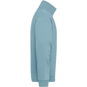 A light blue half zip sweatshirt with a high collar and long sleeves, featuring a logo on the side.