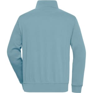 A blue half zip sweatshirt with a simple design and a small logo on the back.