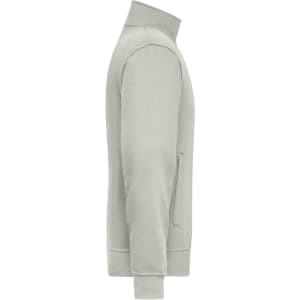 A light grey workwear sweat jacket features a zippered pocket and a high neck design. It has a logo on the front.