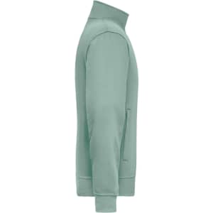 A mint green workwear sweat jacket featuring a high collar and side pockets, with a logo on the sleeve.