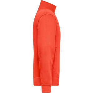 A side view of a bright red workwear sweat jacket featuring a high collar and a zippered pocket.