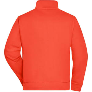 An orange workwear sweat jacket with a high collar and a plain back design. Features a logo on the shoulder.