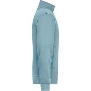 A light blue workwear sweat jacket with a high collar and long sleeves, featuring a side pocket and branding.