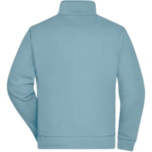 A light blue workwear sweat jacket with a high collar and long sleeves, featuring a logo on the back.
