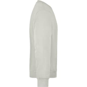 A grey workwear sweatshirt with long sleeves, featuring a simple design and a logo on the garment.