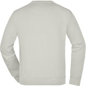 A light grey sweatshirt with a crew neckline and long sleeves, featuring a logo on the back.