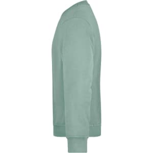 A green sweatshirt with long sleeves and a crew neckline, featuring a logo on the front.
