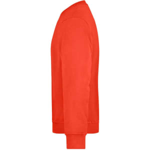 A red sweatshirt with a side view, featuring long sleeves and a ribbed cuff. It includes a logo on the torso.