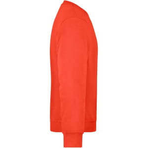 A red sweatshirt with long sleeves, featuring a side view and ribbed cuffs. It has a logo on the front.