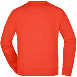 A back view of a bright orange sweatshirt featuring a simple design and a logo.