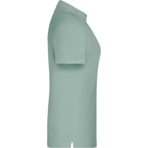 A light green work polo shirt featuring a side view and a collar. It includes a logo on the fabric.