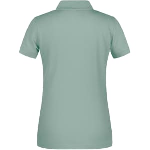A ladies' polo shirt in a soft green shade, featuring a classic collar and short sleeves. It has a logo on the back.