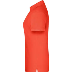 A side view of a bright red ladies polo shirt, featuring short sleeves and a collar. The shirt has a logo.