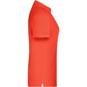A side view of a bright red polo shirt featuring a collar and short sleeves, with a logo on the chest.