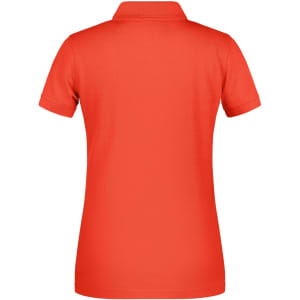 A red ladies' polo shirt with a classic collar and short sleeves, featuring a logo on the back.