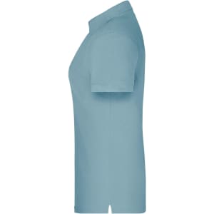 A light blue polo shirt with a classic collar and short sleeves, featuring a logo on the front.