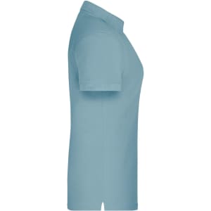 A light blue ladies polo shirt with a classic collar, short sleeves, and a side slit. It has a logo on it.