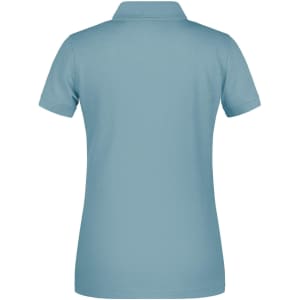 A ladies' work polo shirt in light blue with a collared design and a logo on the back.