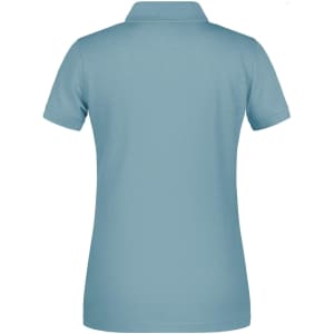 A ladies' work polo shirt in light blue with a collared design and a logo on the back.