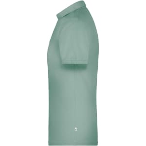 A light green men's polo shirt featuring a collar and a logo at the hem. Suitable for workwear.