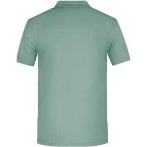 A mint green men's polo shirt featuring a back view and a logo design.