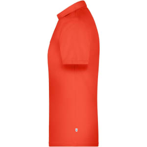 A red men's polo shirt, featuring short sleeves and a collar, with a small logo on the side.