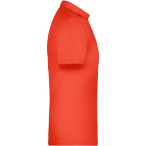 A red men's polo shirt displayed from the side, featuring a collar and short sleeves, with a logo on it.