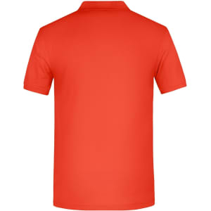 A red men's work polo shirt featuring a back view and a branding logo.