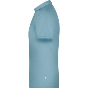 A light blue men's polo shirt with a collar and short sleeves, featuring a logo on the side.