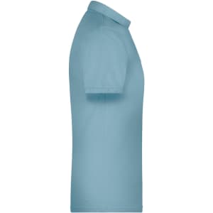 A light blue men's polo shirt in a side view, featuring short sleeves and a collar. It includes a logo.