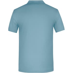 A light blue men's polo shirt with a collar, featuring a logo on the side. The back view is displayed.