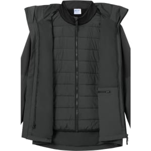 A black men's 3-in-1 jacket with a detachable padded inner layer and multiple pockets. Features a logo on the inside.
