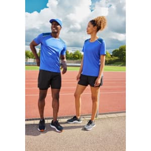 A men's running T-shirt in blue, displayed with matching black shorts, alongside a female model in similar attire.