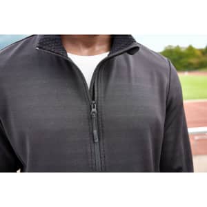 A black men's sports structured fleece jacket featuring a zippered front and textured collar. It has a logo on the chest.