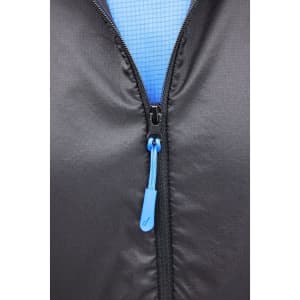 A black men's running jacket featuring a zippered front with a blue zipper pull and a textured inner lining.