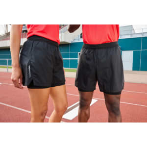 Black ladies' running shorts with a sleek design, featuring a logo on the side. Suitable for sports activities.