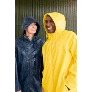 A yellow unisex raincoat and a dark blue raincoat worn by two smiling individuals in the rain. Both jackets have hoods.
