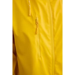 A bright yellow unisex raincoat featuring a front zip and a zippered pocket. It has a logo on the fabric.