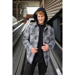 A grey and black check shirt jacket with a hood, featuring buttons and a casual fit. It has a logo present.