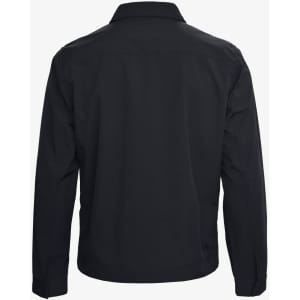 A black unisex jacket with a collar and long sleeves, featuring a plain back design and a logo.