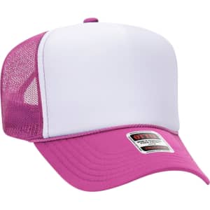 A pink and white 5 Panel High Crown Trucker Cap with a mesh back and a logo on the front.