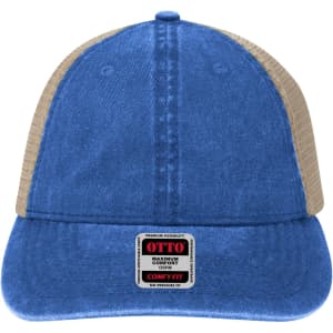 A blue and beige Comfy Fit 6 Panel Low Profile Trucker Cap with a branded label on the front.