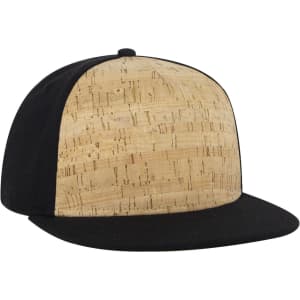 A five-panel snapback cap featuring a cork front and a black visor. The hat has a logo on it.