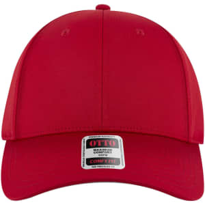 A red low-profile baseball cap with a six-panel design and a logo on the front.