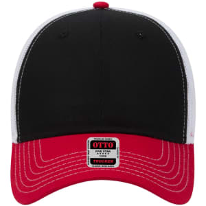 A black and red 6 Panel Low Profile Trucker Cap featuring a mesh back and a branded tag.