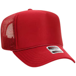 A red 5 panel high crown trucker cap with a mesh back and a branding label on the front.
